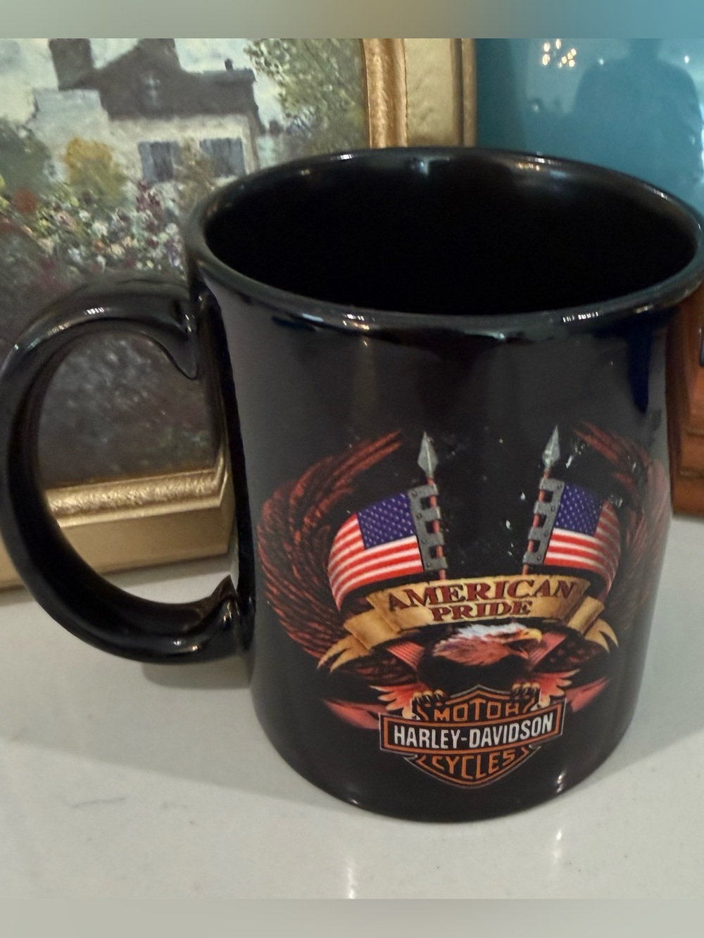 New 2002 Official Harley Davidson Coffee Mug American Eagle Flags USA Vintage